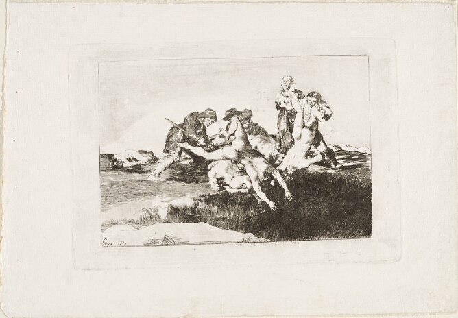 A black and white print of men throwing naked figures into a pit