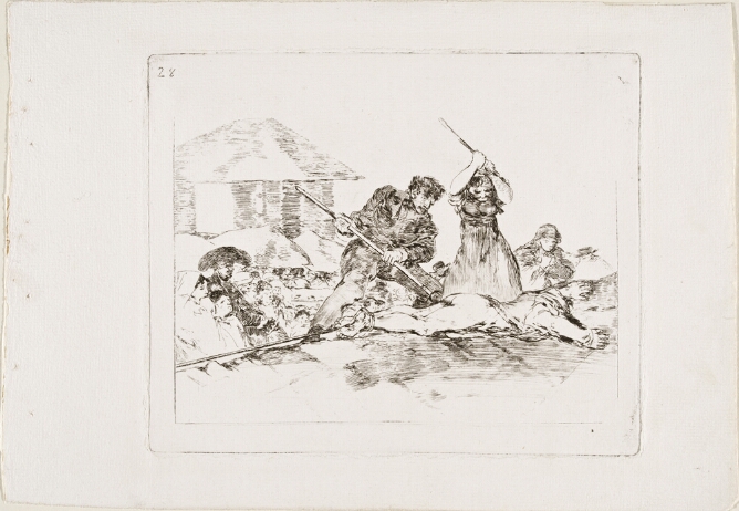 A black and white print of two standing figures wielding sticks at a naked figure with bound feet lying face down on the ground, as a crowd watches from below