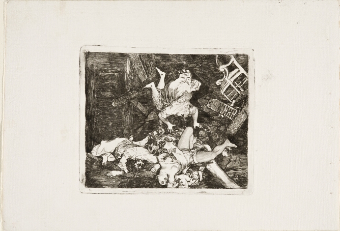 A black and white print of a figure nailed upside down to a rafter above the lifeless bodies of men, women and a child in a room