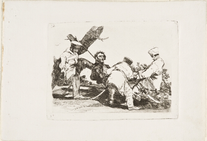 A black and white print of two soldiers pulling a man's body whose neck is tied to a tree stump, while another soldier kicks the back of the man's neck
