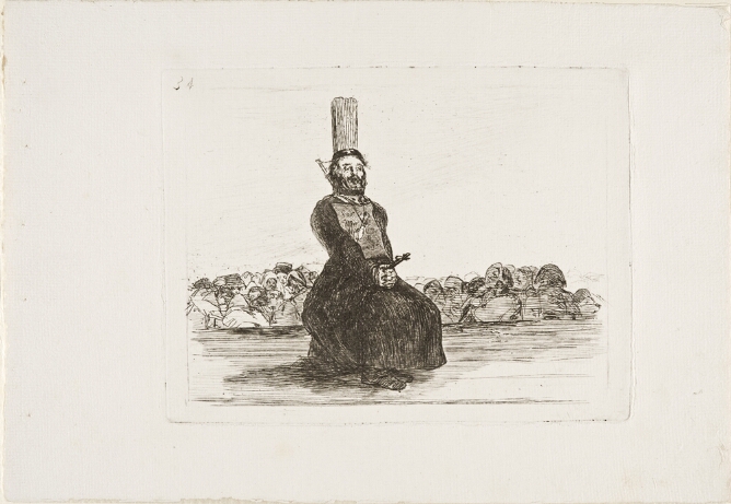 A black and white print of a robed man sitting with his back to a post, neck restrained in a collar, with bound hands clutching a crucifix, and a crowd gathered behind and below him