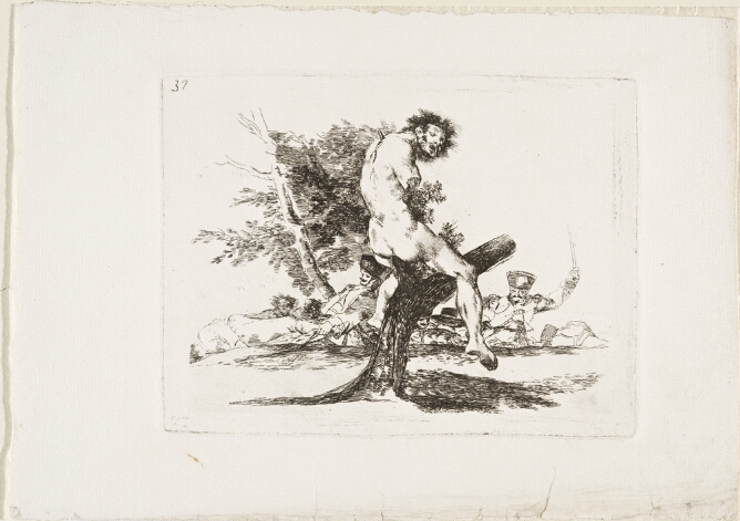 A black and white print of a disturbing scene featuring a naked man missing an arm and impaled on a tree stump, while soldiers drag and attack lifeless bodies in the background