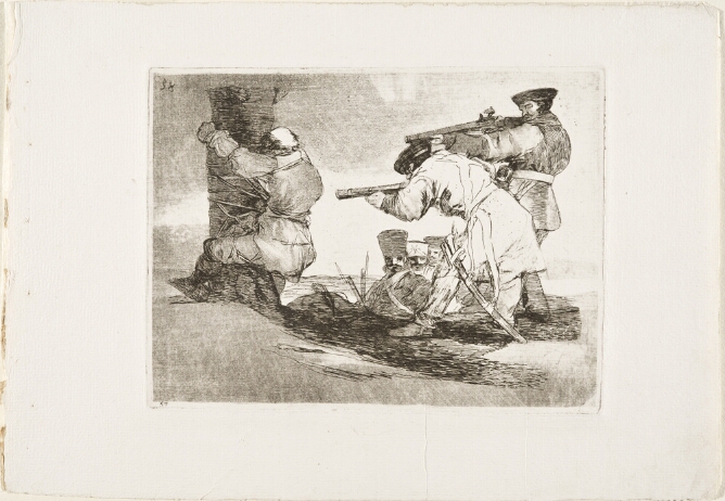 A black and white print of two soldiers pointing their rifles at a figure tied to and facing a tree stump