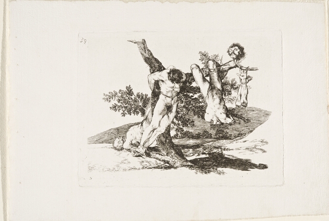 A black and white print of a disturbing scene featuring three lifeless bodies bound to a tree. Two are bound upside down, one with legs bent over a branch with amputated arms tied to and hanging from the branch, and a decapitated head impaled on it