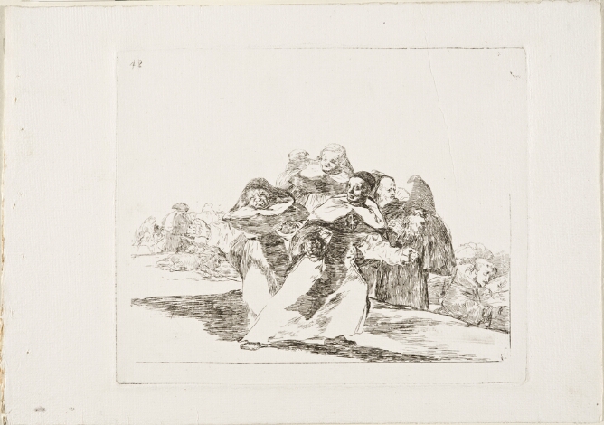 A black and white print of three standing robed figures, one with a bewildered expression, with additional figures behind them
