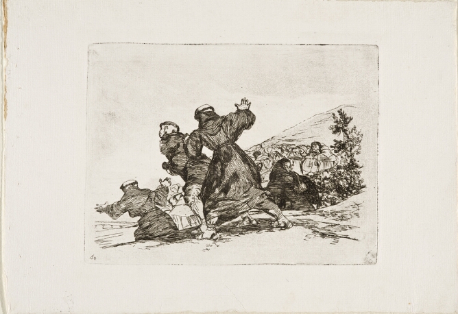 A black and white print of three robed figures seen from the back, running away, with a crowd gathered on a hillside