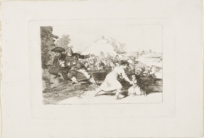 A black and white print of a group of figures fleeing in an outdoor setting, with a woman and two children in the foreground