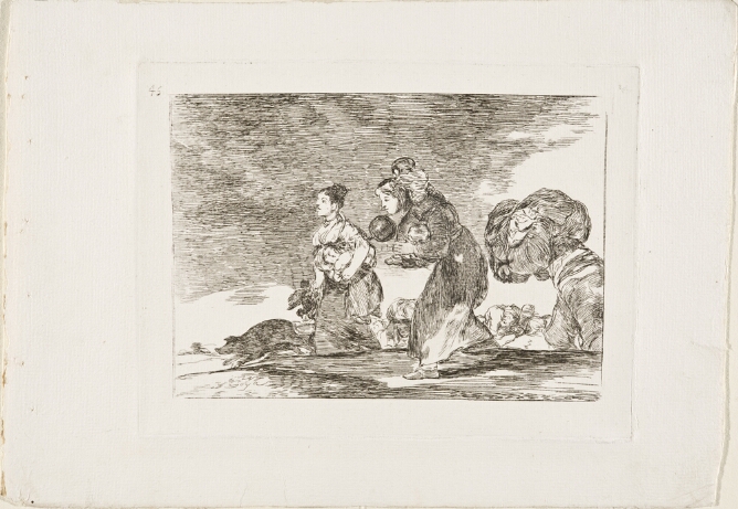 A black and white print of two women carrying children walking towards the viewer's left. Other figures follow behind them in the distance below