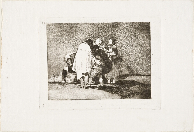 A black and white print of standing figures crowding around something that is not visible to the viewer