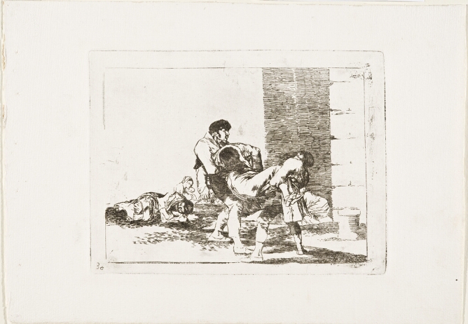 A black and white print of two men carrying the lifeless body of a figure, while other figures sit and lie on the ground behind them