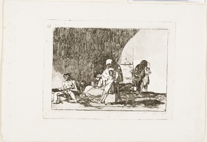 A black and white print of a standing veiled woman with her hand on the shoulder of a small, emaciated leaning figure, while another emaciated figure sits among other figures nearby