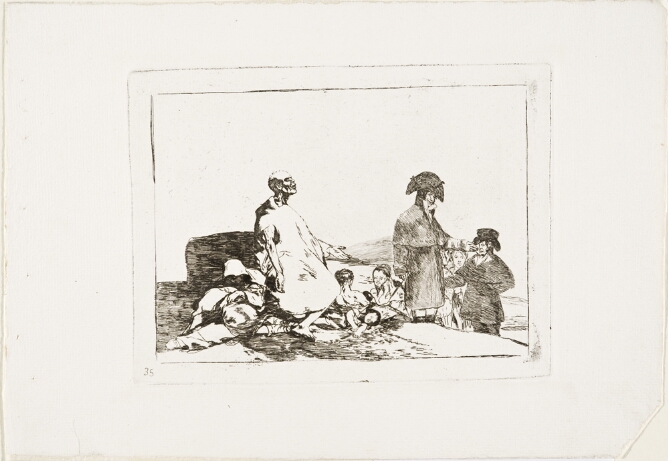 A black and white print of an emaciated figure sitting with their arms outstretched among other figures including a child, slumped and lying on the ground around him, as well dressed men and women stand nearby