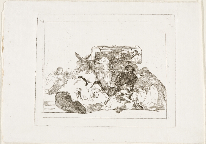 A black and white print of a donkey carrying a glass coffin containing a skeletal figure. Surrounding the donkey are figures bowing