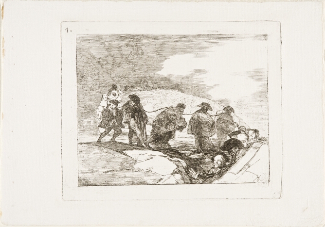 A black and white print of figures roped together at the neck walking in a line through a landscape