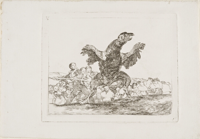 A black and white print of a bird standing upright as a man wields a pitchfork, while a crowd watches below