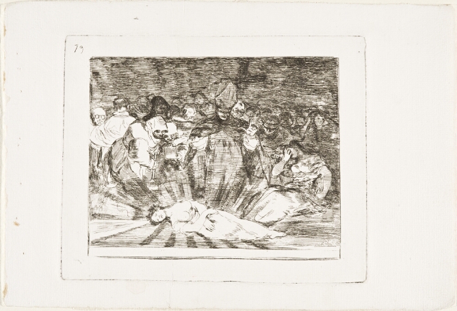 A black and white print of a bare-breasted woman lying on the ground emanating light, surrounded by a standing man wearing a headdress and other figures