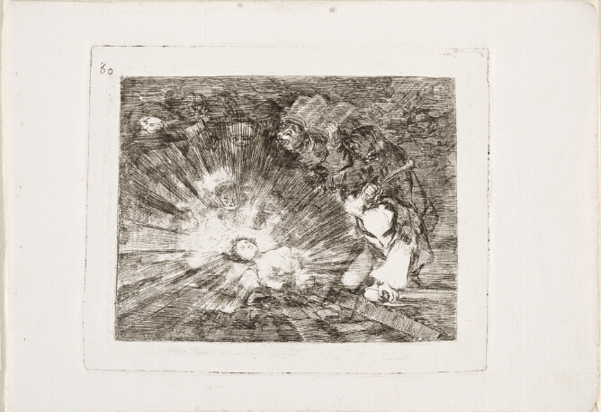 A black and white print of a bare-breasted woman lying on the ground emanating light from her head, surrounded by figures