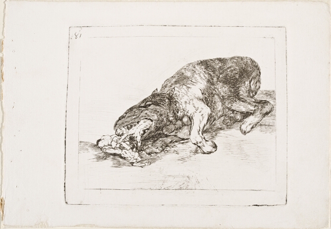 A black and white print of a giant dog-like creature with naked figures falling out of its mouth