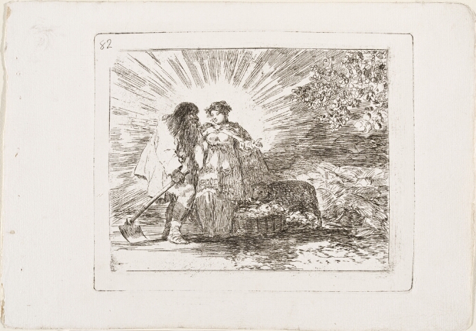 A black and white print of a bare-breasted woman emanating light, standing between a disheveled man holding hoe and a basket and sheep