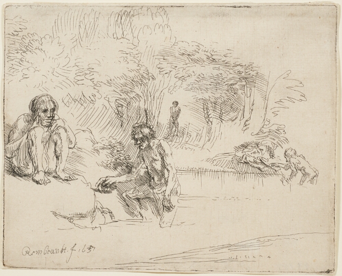 A black and white print of a nude man sitting on a bank, as two other nude men get out of the water onto land. A figure is seen in the distance standing between trees