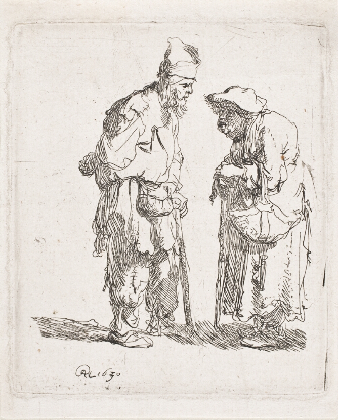 A black and white print of a man wearing tattered clothing standing with a walking stick and engaging with a hunched woman whose clothing also looks worn