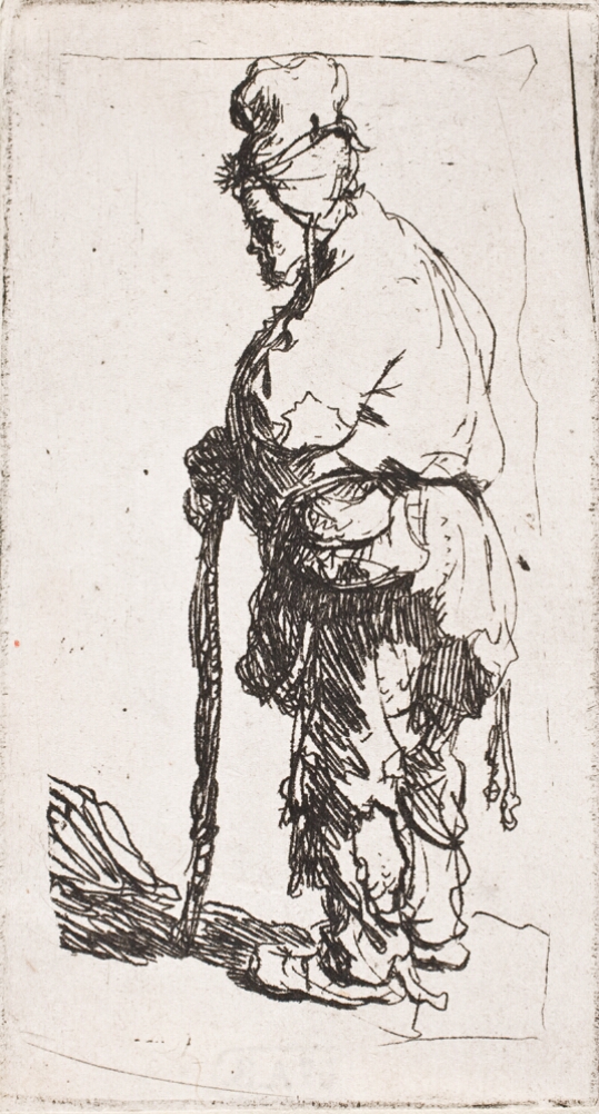 A black and white print of a standing man supported by a walking stick, wearing tattered clothing and a slouchy hat, facing the viewer's left