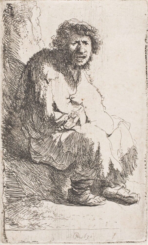 A black and white print of a sitting man with curly hair, a scraggly beard and ragged clothing. He faces the viewer with a snarling expression and an outstretched hand