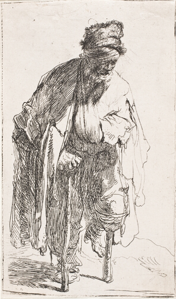 A black and white print of a man wearing a tattered hat and cloak, standing on a wooden leg. He is supported by a stick with his right hand, with his left arm in a sling