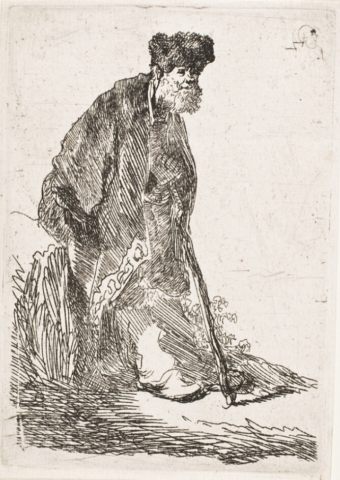 A black and white print of a standing man leaning against a bank, wearing a fur cap and cloak with his hands folded around a walking stick and facing the viewer's right
