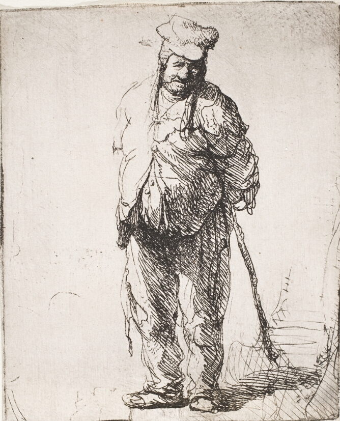 A black and white print of a man wearing ragged clothing standing with his hands and walking stick behind his back, looking down