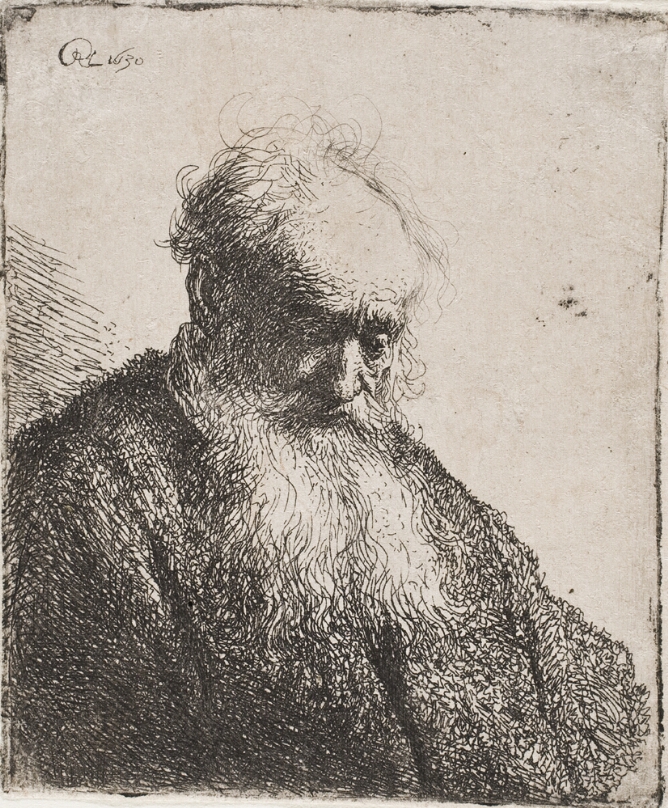 A black and white portrait of an elderly man with a long, scraggly beard shown from the chest up, looking down
