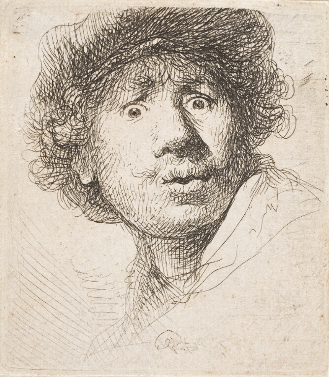 A black and white print of a man's head with curly hair, a mustache and a surprised expression, wearing a cap