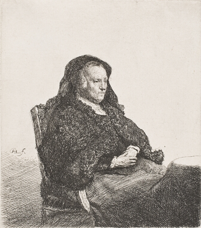 A black and white print of an elderly woman shown from the knees up, sitting in a chair with her hands folded in her lap, facing the viewer's right