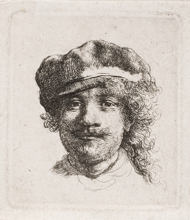 A black and white print of a man's head with curly hair and a mustache, wearing a cap