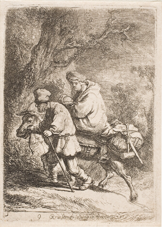 A black and white print of a woman carrying a baby on a donkey led by man with a walking stick