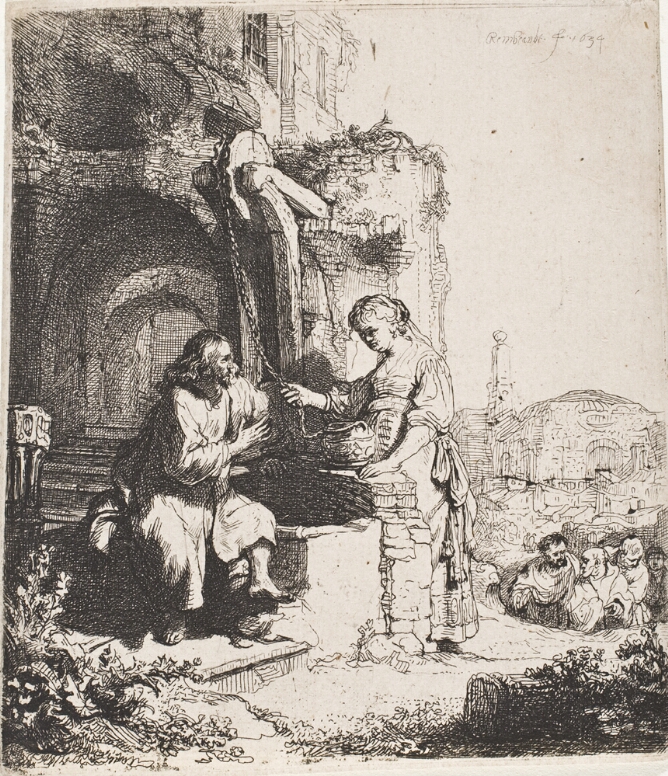 A black and white print of Christ sitting by a well of a ruined structure across from a standing woman holding onto the rope of a vessel. Figures and structures are seen below in the background