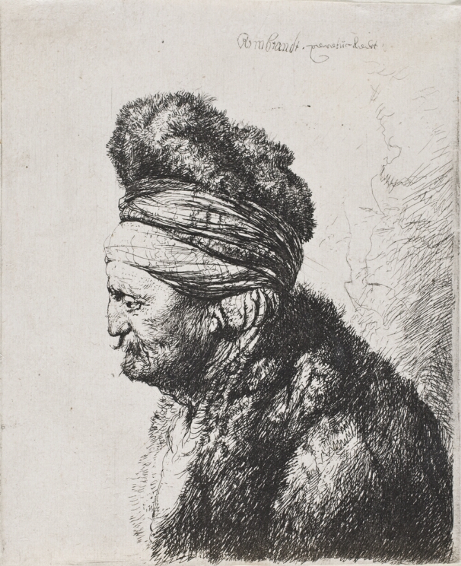 A black and white portrait of a man in profile view, shown from the chest up, wearing a fur-trimmed headdress and fur cloak