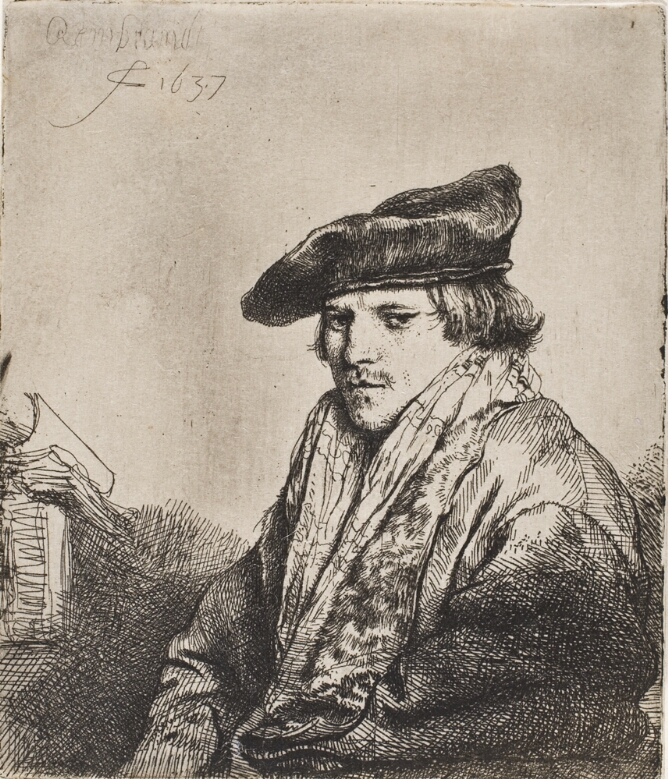 A black and white portrait of a young man in three-quarter view, wearing a velvet cap and fur-collared cloak