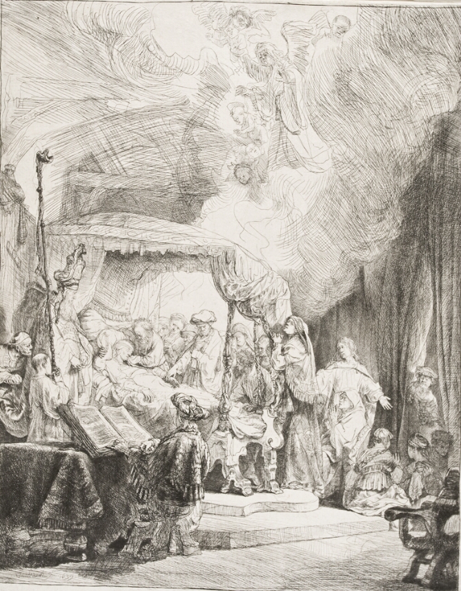 A black and white print of a woman lying in bed under a canopy with figures surrounding her. Religious figures stand at her bedside to the viewer's left, as angels watch from above