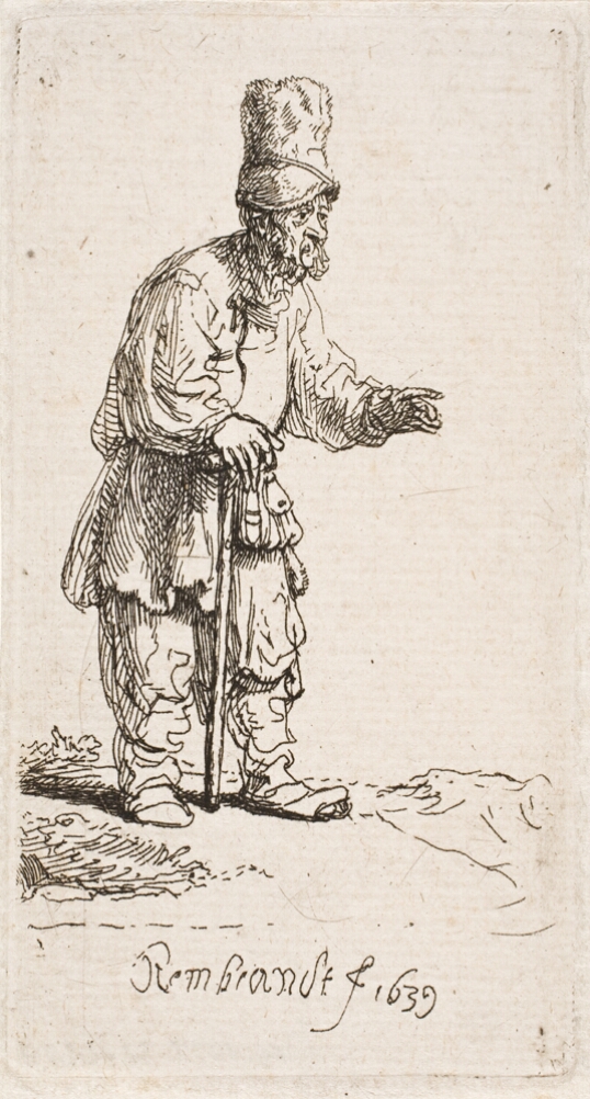 A black and white print of a standing man with a tall cap wearing ragged clothing holding a stick and gesturing towards the viewer's right