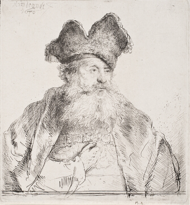 A black and white portrait of a bearded man wearing a fur cap divided in the middle. His right hand is closed in a fist and rests on his chest