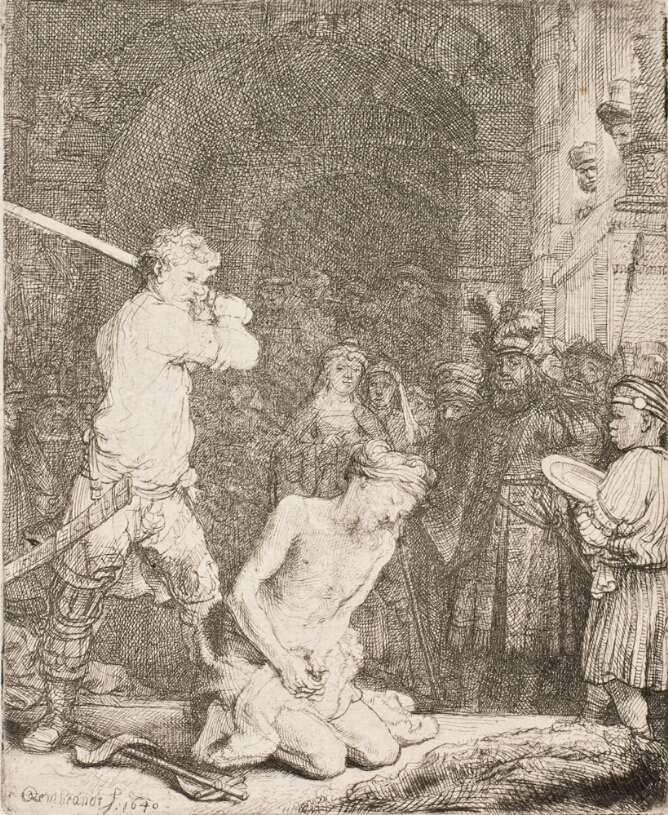 A black and white print of a standing man wielding a sword behind a semi-nude man sitting on his knees and looking down, while a crowd witnesses