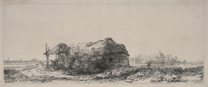 A black and white print of a thatched cottage with an awning behind, set against a flat landscape. Two tiny figures are on a dock by a stream that runs in front of the cottage, while a third figure stands beside the house in the distance