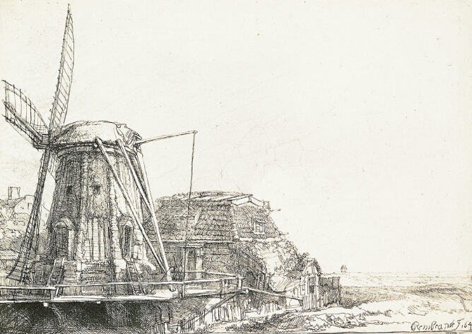 A black and white print of a windmill on a platform beside a cottage to the viewer's left