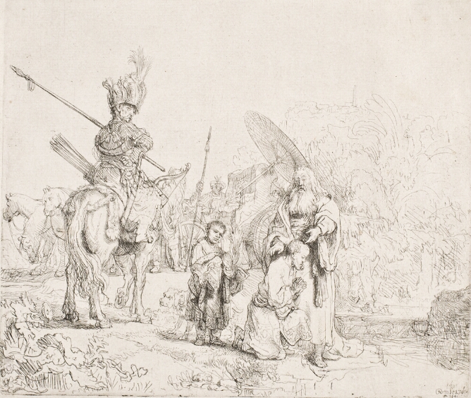 A black and white print of a figure kneeling in prayer by a river beside a standing man. A boy stands behind, holding clothes, while a man with a spear on horseback observes