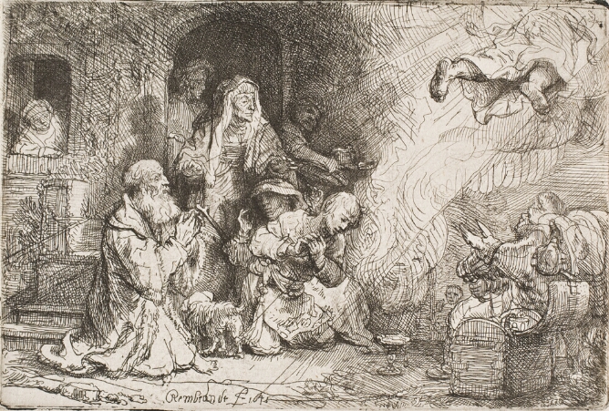 A black and white print of figures standing in the doorway of a house while others kneel outside. At the top right corner, an angel legs can be seen ascending