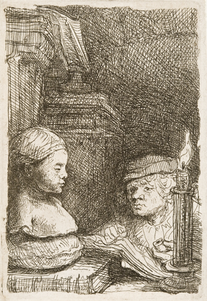 A black and white print of a man drawing from a sculpture of a bust in candlelight