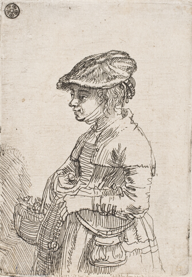 A black and white print of a young woman shown from the thighs up, wearing a cap and holding a basket on her arm, facing the viewer's left
