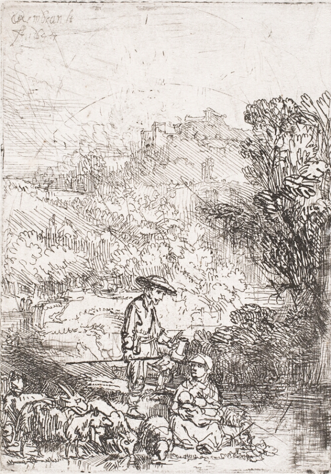 A black and white print of a standing man handing a vessel to a woman with a baby sitting on the ground by a stream and a flock of sheep
