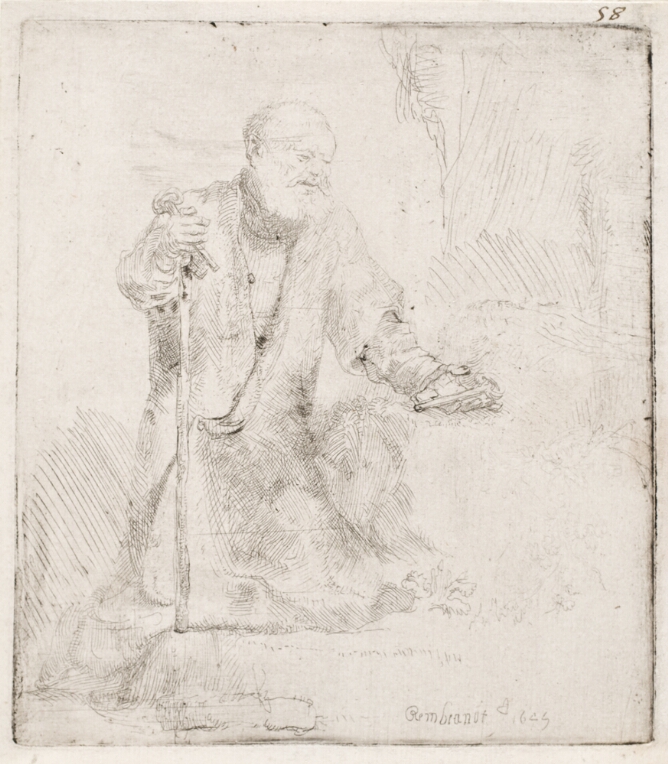 A black and white print of a man kneeling on the ground holding a key in each hand. His right hand holds a stick and key while his left hand with a key rests on a rock